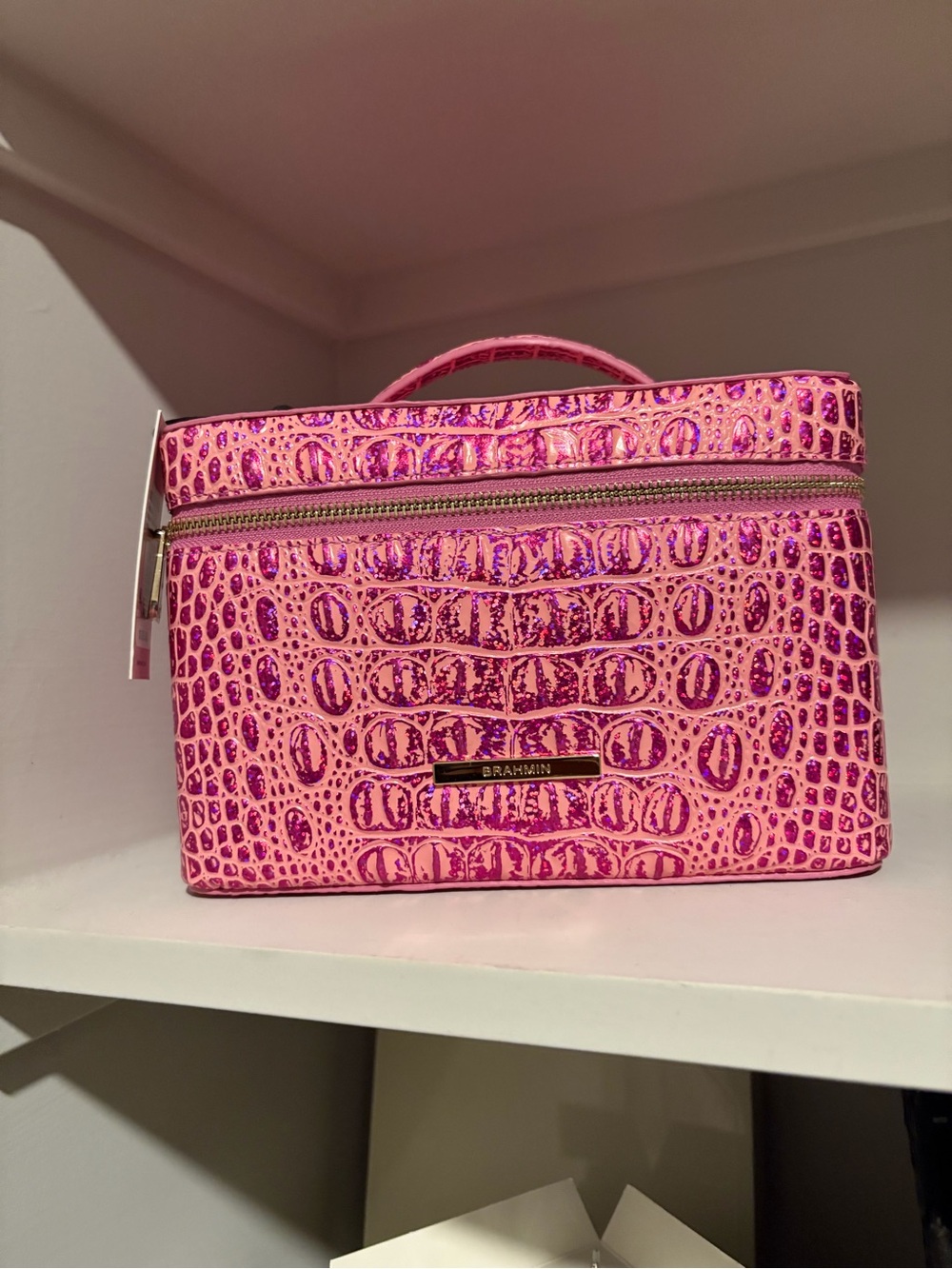 Brahmin Pink Glitter Croc-Embossed Leather Cosmetic Case - Picture 5 of 6